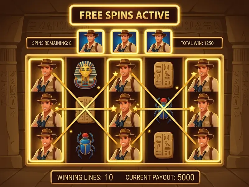 Skjermdump fra Book of Ra free spins som viser hvordan det tilfeldig valgte oppdager-symbolet ekspanderer og dekker hele hjul 1, 3 og 5, og utbetaler på alle aktive gevinstlinjer selv om hjulene ikke er tilstøtende